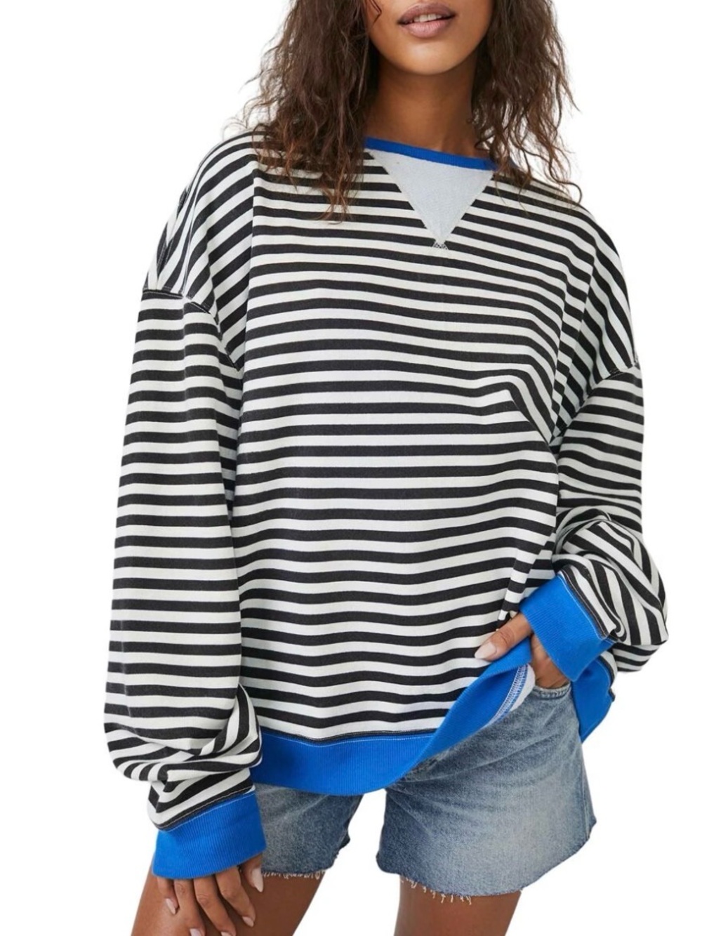 We The Free Black and White Striped Crewneck Sweater with Blue Trim